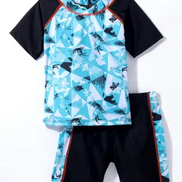 ROVARS Half Sleeves Two Piece Swimsuit Bear Print - Blue-picture-40