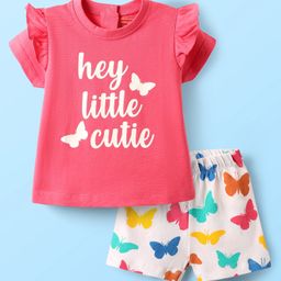 Babyhug Cotton Knit Half Sleeves Night Suit With Butterfly Print & Frill Detailing - Pink-image-64