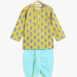 Campana 100% Cotton Paisley Printed Kurta & Dhoti Set - Yellow & Turquoise-picture-18
