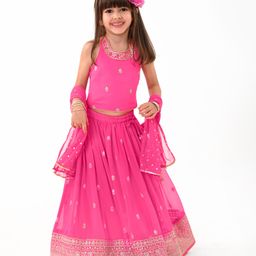 Babyhug Sleeveless Georgette Woven Mirror Work Embroidered Choli Lehenga with Dupatta - Pink-image-99