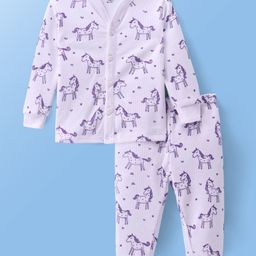 Doodle Poodle Knitted Full Sleeves Front Open Thermal Vest and Pant Set with Unicorn Print - White-image-23