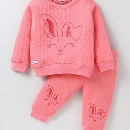 Little Darlings Knit Full Sleeves Winter Wear Sweatshirt & Lounge Pant Set with Deer Embroidery - Coral-image-99