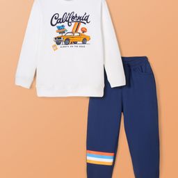 Pine Kids Cotton Knit Full Sleeves Sweatshirt & Joggers Set with Text Print - Navy Blue-image-44