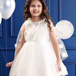 Mark & Mia Sleeveless Knee Length Party Frock with Floral & Pearl Detailing - White-image-74
