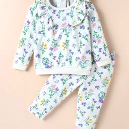 WOW Clothes Looper Knit Full Sleeves Night Suit Floral Print & Frill Detailing - Cream & Violet-image-17