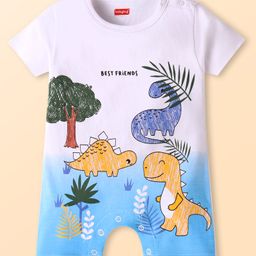 Babyhug Interlock Knit Half Sleeves Romper With Dino Print - White & Blue-image-52