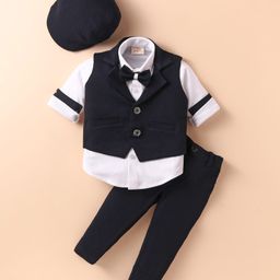 Rikidoos Full Sleeves Solid Shirt With Waistcoat Pant Cap & Bow Set - Navy Blue & White-image-12