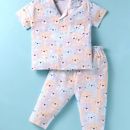 Little Darlings Sinker Knit Half Sleeves Front Open Bear Printed Night Suit - Sky Blue-image-43