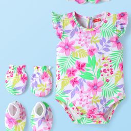 Babyhug 100% Cotton Interlock Knit Frill Sleeves Onesie with Hair Band Booties & Mittens with Floral & Tropical Print - White & Pink-image-9