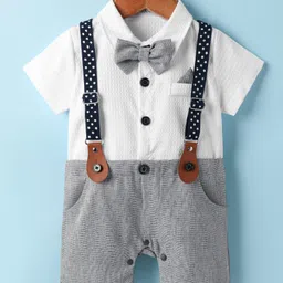 Mark & Mia Woven Half Sleeves Solid Party Romper With Bow & Suspender - White-picture-7