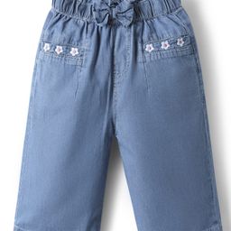 Babyhug 100% Cotton Ankle Length Denim Culotte With Bow Applique & Floral Embroidery - Light Blue-image-55