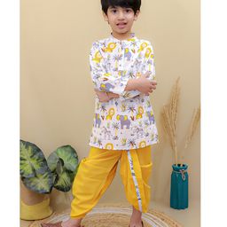 Superminis Cotton Full Sleeves Animals Printed Dhoti Kurta Set - Yellow & White-image-88