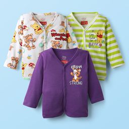 Babyhug Disney Interlock Knit Full Sleeves Front Open Jhablas with Winnie The Pooh Graphics Pack of 3 - Purple Light Green & White-image-17