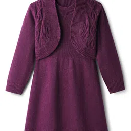 Hola Bonita Knitted Sweater Dress & Full Sleeves Woollen Shrug With Cable Knit Design - Plum-picture-48