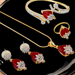 LUCKY JEWELLERY Gold Plated AD Stone Studded Necklace With Earrings, Ring & Bracelet-image-75