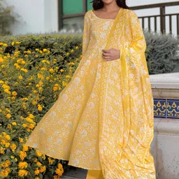 Moda Rapido Floral Printed Round Neck Anarkali Kurta with Trousers & Dupatta-image-17