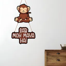 eCraftIndia Brown & White Sab Moh Maaya Hai Quirky Monkey Decorative Wooden Wall Hanging-picture-38