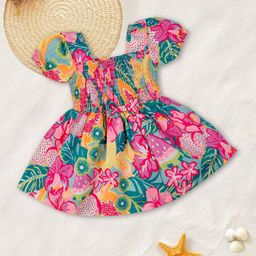 MeeMee Girls Floral Print Puff Sleeve Cotton Fit & Flare Dress-picture-18