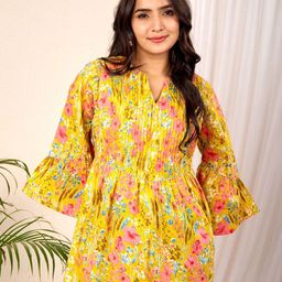 NAMA'S Women Floral Printed Bell Sleeve Cotton A-Line Longline Top-image-68