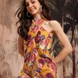 Sangria Floral Print A-Line Tie-Up Neck Kurta with Trousers-picture-4
