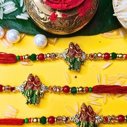ORANGENYSHA Set Of 3 American Diamond Studded & Beaded Meenakari Thread Rakhis image 2
