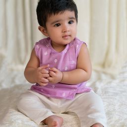 Tiber Taber Sleeveless Floral Foil Printed Jhabla Pyjamas Set - Purple-image-67