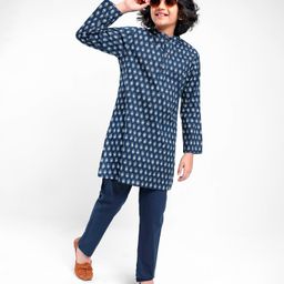 Pine Kids Cotton Full Sleeves Printed Kurta & Pyjama Set- Navy Blue-image-40