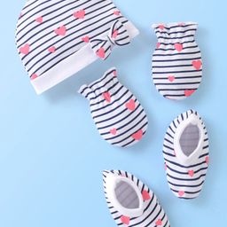 Babyhug 100% Cotton Cap Mittens And Booties Heart Printed - White-image-49