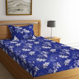 Arrabi Leaf Design TC Cotton Blend Single Size Bedsheet with 1 Pillow Cover ARSBS 1603 - Blue-image-20