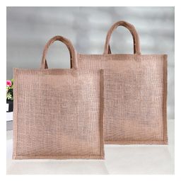 Kuber Industries Grocery Bag  Jute Carry Bag  Reusable Shopping Bag  Lunch Handbag  Zipper Grocery Bag with Handle  Plain Daily Utility Grocery Bag  Pack of 2  Brown-image-69