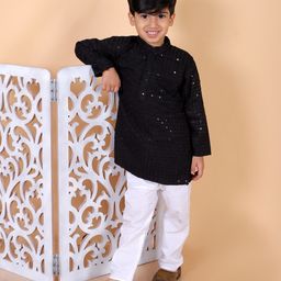 MoMaa Full Sleeves Checked Sequin Embellished Kurta & Pyjama Set - Black-image-25