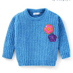 Babyoye Knitted Full Sleeves Pullover Sweater with Floral Embroidery & Applique - Blue-image-18
