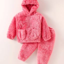 Kookie Kids Fur Woven Hooded Winter Night Suit With Ear & Pocket Detailing - Baby Pink-picture-25