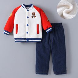 Kookie Kids Full Raglan Sleeves Front Open Winter Wear Set With Teddy Appliques - Red & White-image-50