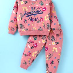 Smarty Girls Fleece Woven Full Sleeves Winter Night Suit with Text & Floral Print - Rose Gold-image-88