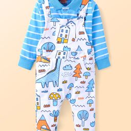 Babyhug Single Jersey Knit Full Sleeves Striped T-Shirt & Dungaree with Dino Print - Blue & White-image-87