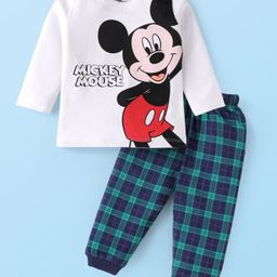 Babyhug Disney Single Jersey Knit Full Sleeves Night Suit with Mickey Mouse Graphics -White & Dark Green-image-87