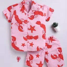 Clt.s Full Sleeves Cotton Woven Lobster Printed Coordinating Night Suit Set - Pink-picture-40