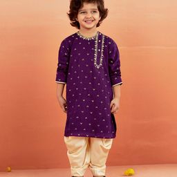 Vastramay Silk Full Sleeves Angarakha Pattern Floral Embroidered Kurta & Dhoti Set - Purple-image-77