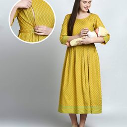 Dummy Shape Three Fourth Sleeves Ethnic Motifs Printed Maternity Flared Kurta With Attached Embroidered Belt & Concealed Zipper Nursing Access - Light Green-image-54