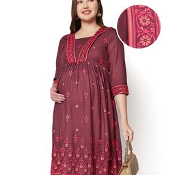 Bella Mama Three Fourth Sleeves Maternity Kurta with Pockets & Floral Print - Maroon-image-109
