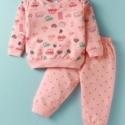 TANGO Looper Knit Full Sleeves T-Shirt & Lounge Pant Set With Car Print - Pink-image-71