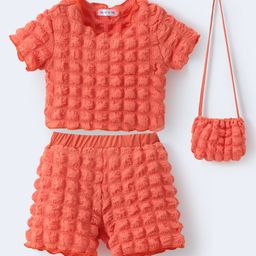 Mark & Mia Half Sleeves Textured Top & Shorts Set with Sling - Orange-image-62