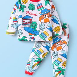 Babyhug Cotton Knit Full Sleeves Night Suit With Animal & Beach Theme Print - White-image-33