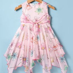 Dew Drops Chiffon Woven Sleeveless Dress With Floral Print & Handkerchief Hem - Peach-picture-18