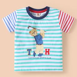 ToffyHouse Single Jersey Knit Half Sleeves Striped T-Shirt with Bear Print - White-picture-28