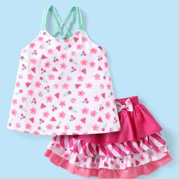 Babyhug Single Jersey Knit Singlet Sleeves Top & Skirt Set with Floral Print & Bow Applique - Pink-image-69