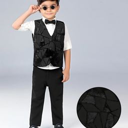 BAD BOYS Full Sleeves Solid Shirt With Textured Waistcoat Pant & Bow Set - Black-image-93