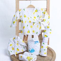 Mom's Home Organic Cotton Muslin Full Sleeves Lemons Printed Coordinating Jhabla & Nappy With Burp Cloth Swaddle & Towels Set - White & Yellow-image-98