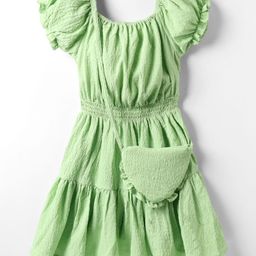 Kookie Kids Woven Half Puffed Sleeves Solid Frock With Sling Bag - Light Green-image-55
